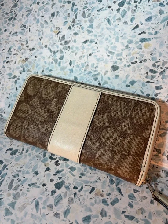 Coach Signature Accordion Zip Wallet Brown Tan Canvas Leather Wristlet - Picture 2 of 5